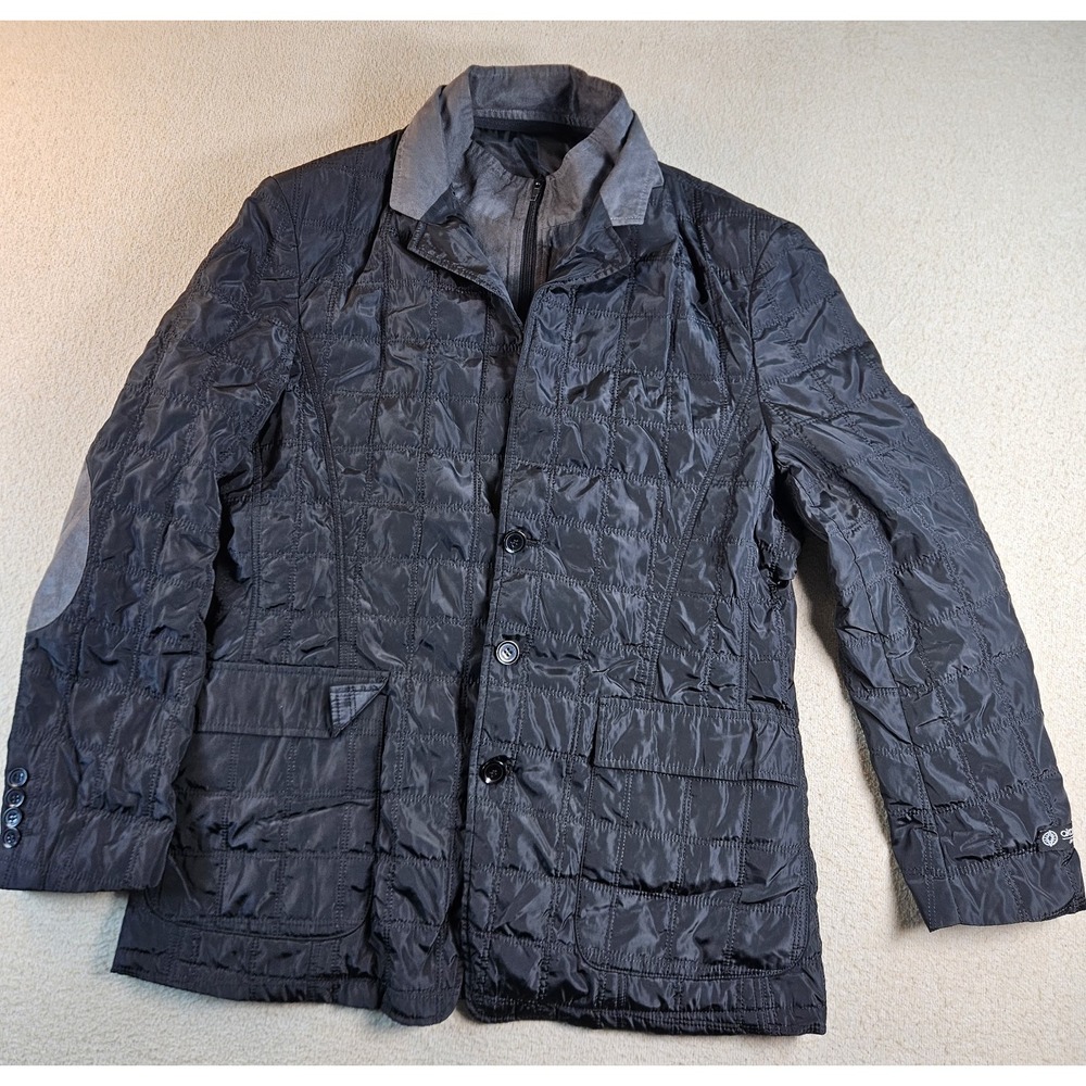 Akademiks Mens Black Quilted Blazer Jacket 42R Gray Suede Trim Layered Zip Front